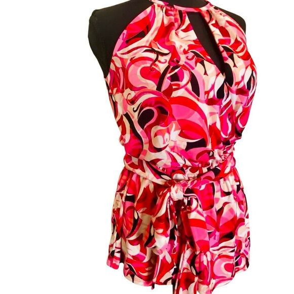 INC International Concepts Abstract Print Keyhole Halter Peplum Blouse Pink XS - Picture 3 of 7
